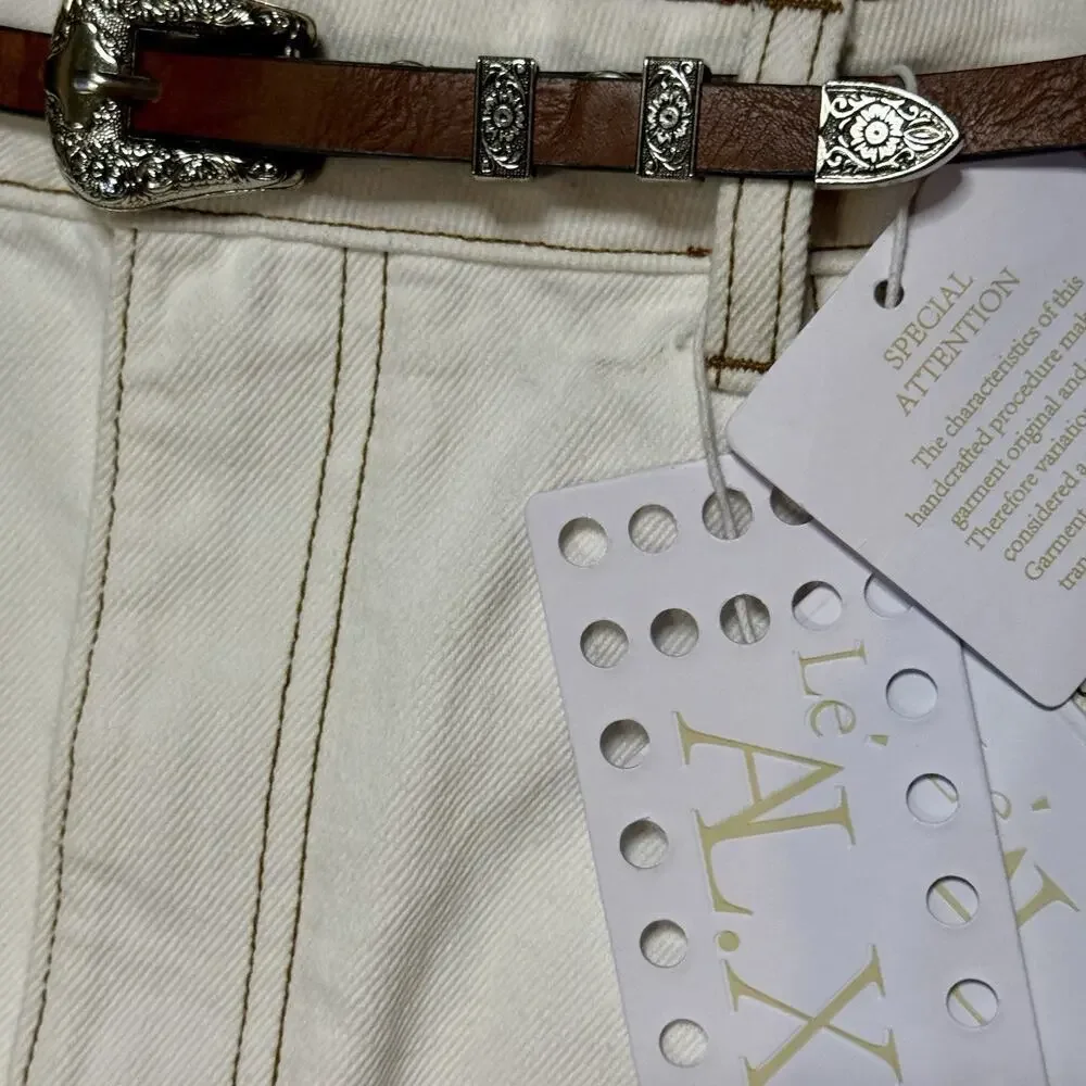 NEW Le' AL.X Ivory White Denim Pencil Maxi Skirt Contrast Stitch Back Slit 32 - Picture 7 of 12